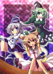  3girls belt blue_eyes blush boat bracelet breasts brown_eyes brown_hair checkered_background commentary_request dress earmuffs frilled_skirt frills geo_(yukishitadou) ghost_tail green_dress green_eyes green_hair grey_hair hands_on_headphones hat japanese_clothes jewelry looking_at_viewer medium_breasts mononobe_no_futo multiple_girls open_mouth ponytail ribbon sailor_collar shirt shoes short_hair sitting skirt sleeveless sleeveless_shirt small_breasts smile soga_no_tojiko tabi tate_eboshi touhou toyosatomimi_no_miko watercraft 