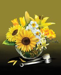  bad_id bad_pixiv_id bowl bud daffodil flower freesia_(flower) lily_(flower) no_humans original park_soyoung petals photoshop_(medium) still_life sunflower tongs tulip white_flower yellow_background yellow_flower yellow_theme yellow_tulip 