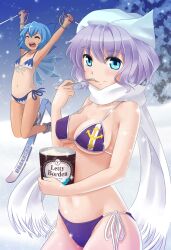  2girls :d \o/ ^_^ adapted_costume armpits arms_up bikini blue_eyes blue_hair borden breasts cirno closed_eyes commentary_request eating flat_chest food hat holding holding_spoon ice_cream jumping letty_whiterock light_purple_hair looking_at_viewer medium_breasts multiple_girls navel one-piece_tan open_mouth outstretched_arms scarf shimouki_izui short_hair side-tie_bikini_bottom skiing skis smile snow spoon string_bikini swimsuit tan tanlines touhou utensil_in_mouth white_scarf 