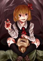  1boy black_dress black_socks blonde_hair blood blood_on_face bow brown_footwear commentary_request dress eyeball female foaming_at_the_mouth guro hair_ribbon highres holding_eyeball partial_commentary red_bow red_ribbon ribbon rumia scissorhold sharp_teeth shirt short_hair smile socks solo_focus strange_cherry teeth touhou white_shirt 