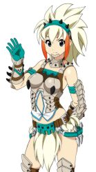  armor barioth_(armor) blonde_hair commentary_request female fukuoka_katsumi gloves green_eyes monster_hunter_(character) monster_hunter_(series) monster_hunter_portable monster_hunter_portable_3rd short_hair solo waving 