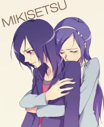  aono_miki bow closed_eyes fresh_precure! higashi_setsuna hug hug_from_behind long_hair long_sleeves multiple_girls negom precure profile purple_hair red_eyes simple_background tears yuri 