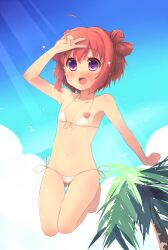  :d ahoge akaza_akari arm_up ass_visible_through_thighs bare_shoulders barefoot bikini bird blush bracelet collarbone double_bun female flat_chest front-tie_top groin hair_bun hand_on_forehead jewelry jumping kneeling micro_bikini midair navel open_mouth outstretched_arm palm_tree purple_eyes seagull shin_(new) short_hair side-tie_bikini_bottom smile solo string_bikini sunlight swimsuit thigh_gap tree v white_bikini yuru_yuri 