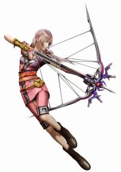  3d alternate_costume boots bow_(weapon) crossbow female final_fantasy final_fantasy_xiii final_fantasy_xiii-2 jpeg_artifacts official_art pink_hair serah_farron side_ponytail simple_background smile solo weapon 