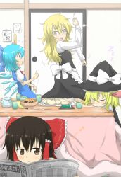  4girls apron banana black_dress blonde_hair blue_dress blue_eyes blue_hair bow brown_eyes brown_hair bunbunmaru cirno commentary_request cosplay cup dancing dio_brando dress drinking_glass drooling food food_on_face fruit hair_ribbon hair_tubes hairbow hakurei_reimu headwear_switch highres jojo_no_kimyou_na_bouken killer_queen kirisame_marisa kirisame_marisa_(cosplay) kotatsu multiple_girls musical_note newspaper nobamo_pieruda open_mouth plate reading ribbon rumia senbei shirt side_handle_teapot sleeping sparkle sweat table teapot touhou translation_request wings yellow_eyes yunomi 