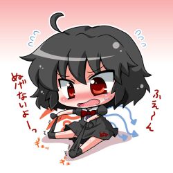  ahoge asymmetrical_wings bad_id bad_pixiv_id black_hair black_thighhighs blue_wings blush bow chibi dress female houjuu_nue noai_nioshi red_eyes red_wings short_hair sock_pull solo thighhighs touhou undressing wings 