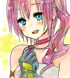  bad_id bad_pixiv_id bare_shoulders blue_eyes blush close-up earrings female final_fantasy final_fantasy_xiii final_fantasy_xiii-2 gloves jewelry necklace open_mouth pink_hair serah_farron side_ponytail smile solo uver32 