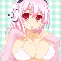  arm_warmers bikini bikini_in_mouth breasts cleavage clothes_in_mouth commentary_request covered_nipples female headphones marimo_(artist) mouth_hold nitroplus oekaki pink_arm_warmers pink_hair red_eyes see-through see-through_sleeves solo super_sonico swimsuit white_bikini 