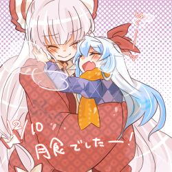  2girls :&gt; bad_id bad_pixiv_id blue_hair blush closed_eyes fujiwara_no_mokou grey_hair halftone halftone_background halftone_texture hand_on_another&#039;s_face happy hat hug kamishirasawa_keine long_hair multiple_girls sleeves_past_wrists smile takamura touhou 