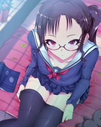  bad_id bad_pixiv_id bed book brown_hair clothes_pull english_text eyelashes female glasses highres kasai_shin long_hair original pantyhose pantyhose_pull pink_eyes plant ponytail school_uniform solo stuffed_animal stuffed_toy undressing 