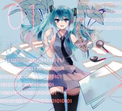  aqua_eyes aqua_hair asakaya bad_id bad_pixiv_id binary earbuds earphones earphones_removed female gloves hatsune_miku lace lace-trimmed_legwear lace_gloves lace_trim long_hair necktie open_mouth single_glove skirt solo thighhighs twintails vocaloid 