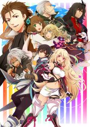  5girls 6+boys agria_(tales) alvin_(tales) bad_id bad_pixiv_id blonde_hair boots brown_hair elize_lutus everyone gaius_(tales) group_picture highres isago_(ica) ivar_(tales) jiao_(tales) jude_mathis leia_rolando milla_maxwell multiple_boys multiple_girls parted_bangs presa_(tales) rainbow_background rowen_j._ilbert tabard tales_of_(series) tales_of_xillia teepo_(tales) thigh_boots thighhighs wingul_(tales) 