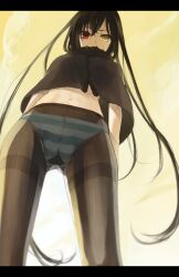  black_hair black_pantyhose commentary_request female from_below heterochromia highres letterboxed long_hair looking_down midriff original panties panties_under_pantyhose pantyhose red_eyes solo stealth_tes striped_clothes striped_panties thighband_pantyhose underwear upshirt yellow_eyes 