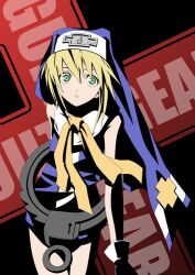  1boy blonde_hair bridget commentary_request constricted_pupils cuffs green_eyes guilty_gear guilty_gear_xx habit handcuffs high_contrast male_focus nun otoko_no_ko solo style_request yuuki_tokito 