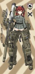  120mm_rheinmetall_l55 adapted_object animal_ears bad_id bad_pixiv_id cannon character_name commentary dakku_(ogitsune) emblem female fingerless_gloves full_body gloves gun headset karlsland land_striker leopard_2_(personification) mecha_musume military original personification photoshop_(medium) red_eyes red_hair smoke_grenade_launcher solo standing strike_witches_1991 striker_unit tail uniform weapon world_witches_series 