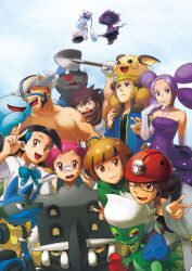  4boys 4girls :d bastiodon byron_(pokemon) candice_(pokemon) commentary_request crasher_wake day double_v dress elbow_gloves everyone fantina_(pokemon) froslass gardenia_(pokemon) glasses gloves helmet looking_at_viewer lucario maylene_(pokemon) mismagius multiple_boys multiple_girls open_mouth pokemon pokemon_(creature) pokemon_dppt pokipoki purple_dress quagsire raichu rampardos roark_(pokemon) roserade shovel sky smile v volkner_(pokemon) 