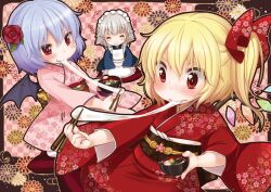  3girls alternate_costume apron bad_id bad_pixiv_id bat_wings blonde_hair blush bow bowl braid checkered_background chopsticks closed_eyes eating flandre_scarlet floral_background floral_print flower food furisode grey_hair hair_flower hair_ornament hair_ribbon hairbow izayoi_sakuya japanese_clothes kimono light_purple_hair long_sleeves maid maid_headdress mochi mochi_trail multiple_girls new_year no_headwear obi oerba_yun_fang photoshop_(medium) pulling red_eyes remilia_scarlet ribbon sash seiza short_hair side_ponytail sitting smile touhou twin_braids wagashi wide_sleeves wings yukiu_con zouni_soup 