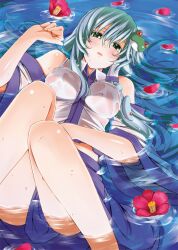  bare_legs bare_shoulders blush breasts commentary_request detached_sleeves eyebrows_hidden_by_hair feet_out_of_frame female flower flower_on_liquid frog_hair_ornament green_eyes green_hair hair_ornament hair_tubes hibiscus iwanori knees_up kochiya_sanae large_breasts legs long_hair looking_at_viewer lying lying_on_water midriff_peek on_back parted_lips partially_submerged petals skirt snake_hair_ornament solo touhou water wet wet_clothes 