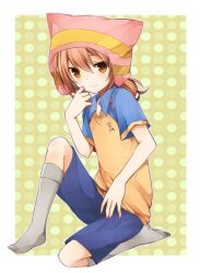  1boy androgynous blush brown_eyes brown_hair commentary_request grey_socks hands hat hat_with_ears inazuma_eleven inazuma_eleven_(series) knee_up kneehighs male_focus matsuno_kuusuke no_shoes sitting smile soccer_uniform socks solo sportswear yuuki_arisu_(yuigi) 