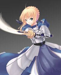  ahoge armor armored_dress artoria_pendragon_(fate) bad_id bad_pixiv_id blonde_hair clenched_teeth dress excalibur_(fate/stay_night) fate/stay_night fate/zero fate_(series) faulds female frown gauntlets green_eyes hair_ribbon looking_at_viewer nksk ribbon saber_(fate) slashing solo sword teeth weapon 