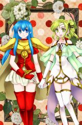  2girls 74 armor bare_shoulders blonde_hair blue_eyes blue_hair boots cape circlet eirika_(fire_emblem) elbow_gloves fingerless_gloves fire_emblem fire_emblem:_the_sacred_stones gloves holding_hands l&#039;arachel_(fire_emblem) long_hair multiple_girls short_hair short_ponytail skirt thigh_boots thighhighs yellow_eyes zettai_ryouiki 