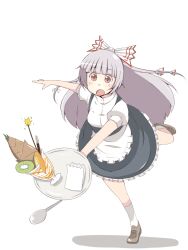  alternate_costume apron bow commentary_request dress enmaided falling female food fruit fujiwara_no_mokou grey_dress grey_hair hair_ribbon hairbow ice_cream kiwi_(fruit) long_hair maid open_mouth pocky red_eyes ribbon solo spoon sundae touhou tray tripping tsukigi 