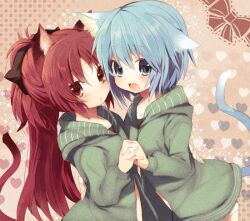  2girls :d animal_ears bad_id bad_pixiv_id blue_hair bow casual cat_ears cat_tail heart holding_hands hood hoodie interlocked_fingers long_hair mahou_shoujo_madoka_magica mahou_shoujo_madoka_magica_(anime) matching_outfits miki_sayaka multiple_girls nochita_shin open_mouth red_hair sakura_kyoko short_hair smile star_(symbol) tail 