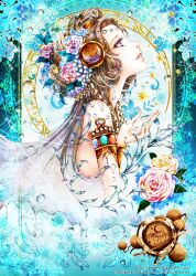  art_nouveau artist_name brown_hair commentary_request dew_drop eyelashes female flower hands jewelry lips long_hair nail_polish original profile purple_eyes rose solo water_drop watermark web_address yuki_mami 