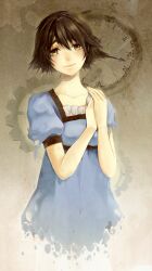  bad_id bad_pixiv_id bob_cut brown_hair commentary_request dissolving dress female highres kurenai_yoshiko pocket_watch shiina_mayuri short_hair solo steins;gate torn_clothes watch yellow_eyes 