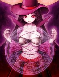  akayukihime bad_id bad_pixiv_id black_hair breasts cape criss-cross_strings dodecagram dress female hat large_breasts long_hair mabinogi magic_circle no_nose original pale_skin player_character_(mabinogi) purple_background purple_theme red_eyes smile solo underboob witch_hat 