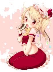  adapted_costume bad_id bad_pixiv_id between_legs blonde_hair blush bow bowtie duplicate eating female flandre_scarlet flower food frilled_skirt frills hair_ornament hairclip hand_between_legs hat hat_flower hat_ribbon heart highres ice_cream ice_cream_sandwich lolicon looking_at_viewer midriff mini_hat navel oerba_yun_fang open_mouth photoshop_(medium) pink_background pinky_out red_eyes ribbon seiza short_hair side_ponytail simple_background sitting skirt skirt_set solo touhou water_drop wings wrist_cuffs yukiu_con 