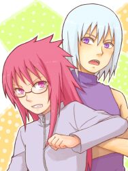  1boy clenched_teeth female glasses hoozuki_suigetsu houzuki_suigetsu karin_(naruto) naruto naruto_shippuuden purple_eyes red_eyes red_hair teeth tegaki teramoto teramoto_kei white_hair 