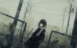  bad_id bad_pixiv_id black_eyes black_hair building cable chain-link_fence coat dutch_angle expressionless female fence fog hands_in_pockets hanno house long_hair looking_away muted_color original outdoors plant power_lines scarf sign solo transformer utility_pole vines warning_sign 