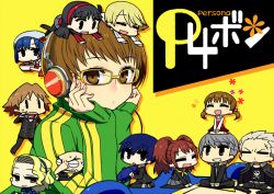  5boys 6+girls amagi_yukiko brown_eyes brown_hair chan_co chibi commentary_request doujima_nanako glasses hanamura_yousuke head_rest headphones igor_(persona) jacket kujikawa_rise kuma_(persona_4) margaret_(persona) mini_person miniboy minigirl multiple_boys multiple_girls nakamura_aika narukami_yuu pantyhose persona persona_4 satonaka_chie shirogane_naoto short_hair sitting sitting_on_head sitting_on_person tatsumi_kanji track_jacket yellow-framed_eyewear yellow_background 