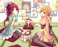  2girls amane_kurumi black_legwear blonde_hair breasts charlotte_(madoka_magica) chopsticks commentary_request cushion drill_hair eating fire flower food hair_flower hair_ornament hair_ribbon highres indoors japanese_clothes kaname_madoka kimono kyuubee large_breasts long_hair magical_girl mahou_shoujo_madoka_magica mahou_shoujo_madoka_magica_(anime) mochi multiple_girls oerba_yun_fang pillow ponytail red_eyes red_hair ribbon sakura_kyoko seiza sitting sleeves_past_wrists striped_clothes striped_thighhighs tatami thighhighs tomoe_mami vertical-striped_clothes vertical-striped_thighhighs wagashi walpurgisnacht_(madoka_magica) yellow_eyes yokozuwari 