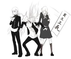  3girls akemi_homura alternate_costume bad_id bad_pixiv_id closed_eyes crossdressing die_(die0118) flat_chest full_body gakuran greyscale hand_fan harisen headband hitting long_hair mahou_shoujo_madoka_magica mahou_shoujo_madoka_magica_(anime) monochrome multiple_girls photoshop_(medium) reading sakura_kyoko school_uniform serafuku tomoe_mami translated 