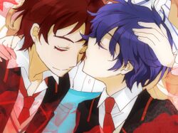  2boys blue_hair blush brothers closed_eyes female kissing kurot mawaru_penguindrum multiple_boys red_hair school_uniform siblings takakura_himari takakura_kanba takakura_shouma 