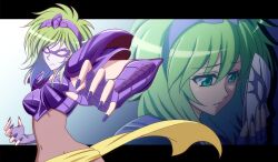  armor commentary_request female green_eyes green_hair h-new letterboxed mask ophiuchus_shaina photoshop_(medium) saint_seiya short_hair solo 