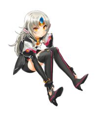  armor bad_link black_thighhighs boots circlet code:_nemesis_(elsword) elsword eve_(elsword) facepaint female fingerless_gloves gloves grey_hair high_heels image_sample mx2j naver_sample open_mouth shoes solo thigh_boots thighhighs white_background yellow_eyes 