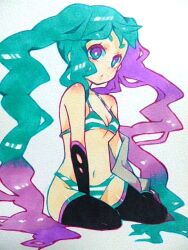  aqua_eyes aqua_hair bad_id bad_pixiv_id bikini faux_traditional_media female gradient_hair hatsune_miku long_hair momokan_(mmkn100) multicolored_hair purple_hair sitting solo swimsuit thighhighs twintails two-tone_hair very_long_hair vocaloid 