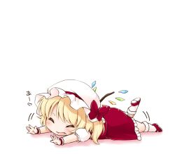  blonde_hair blush bobby_socks bow chibi closed_eyes commentary_request female flandre_scarlet hat hat_bow heart leg_up lying oerba_yun_fang on_stomach open_mouth photoshop_(medium) short_hair simple_background skirt skirt_set socks solo touhou wings wrist_cuffs yukiu_con 