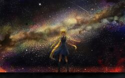  air_(visual_novel) blonde_hair boots commentary_request dress female hair_ribbon kamio_misuzu long_hair milky_way night night_sky outstretched_arms photoshop_(medium) ribbon sky solo spread_arms star_(sky) very_long_hair zi_ye_(hbptcsg2) 