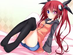  :&lt; bed blue_eyes blush francesca_alberti hair_ornament hair_ribbon hair_ribbons hairpins heart heterochromia hood hoodie open_mouth original pillow red_eyes red_hair ribbon shorts sitting suterii symbol-shaped_pupils thighhighs twintails 