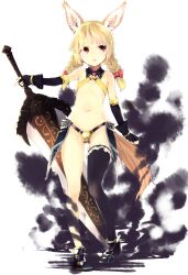  animal_ears armor bare_legs bare_shoulders bikini_armor black_thighhighs blonde_hair bow braid elin female fingerless_gloves flat_chest gloves hairbow highres navel red_eyes revision single_thighhigh slayer_(tera_online) solo subachi sword tail tera_online thighhighs twin_braids weapon 