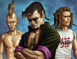  3boys animal animal_on_head banchou cat_on_head commentary_request cross cross_necklace delinquent dreadlocks earrings feline jewelry living_hair male_focus matataku mohawk multiple_boys necklace on_head original pompadour signature sunglasses too_many too_many_cats 