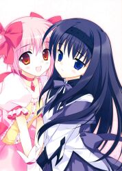  2girls :d akemi_homura akemi_homura_(magical_girl) black_hair blue_eyes blush bow choker collarbone dress frilled_dress frills gloves hairband hairbow highres kaname_madoka kaname_madoka_(magical_girl) long_hair magical_girl mahou_shoujo_madoka_magica mahou_shoujo_madoka_magica_(anime) multiple_girls non-web_source open_mouth photoshop_(medium) pink_hair red_eyes rei_(rei&#039;s_room) ribbon short_twintails smile twintails 