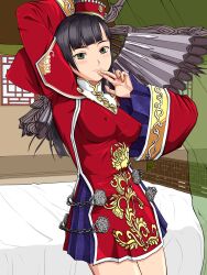  arm_up bare_legs bed black_hair blush breasts da_qiao erect_nipples fan female finger_to_lips finger_to_mouth green_eyes hat highres knopf_koubou long_hair shin_sangoku_musou solo standing 