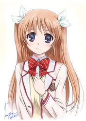  2014 blue_eyes blush brown_hair commentary_request daitoshokan_no_hitsujikai female highres kem_kem long_hair looking_at_viewer md5_mismatch school_uniform shirasaki_tsugumi signature smile solo twintails 