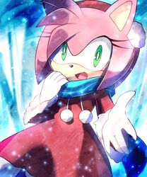  2016 amy_rose anthro baitong9194 big_eyes clothing eulipotyphlan female fur gloves green_eyes handwear hedgehog hi_res mammal pink_body pink_fur scarf sega snow solo sonic_the_hedgehog_(series) toony winter 