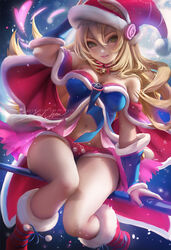  :d bare_shoulders blonde_hair blush_stickers breasts cat_bell christmas cleavage dark_magician_girl duel_monster female full_body full_moon green_eyes hat heart lips long_hair looking_at_viewer medium_breasts moon navel night pink_lips sakimichan short_shorts shorts sitting sky smile snow solo staff stomach vambraces watermark wizard_hat yu-gi-oh! 